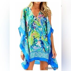 Blue Tropical Print Cold-Shoulder V-Neck Dress